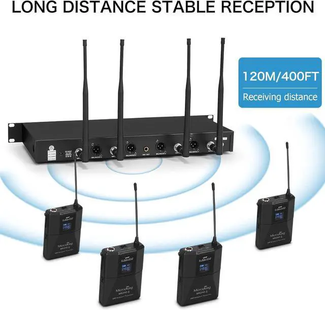 Alt view image 5 of 7 - UHF Wireless Microphone System Cordless Lapel/Headset/Lavalier Mic(4 Bodypacks), Fixed Frequency, Long Range 400ft, Ideal for Party Church Conference Speech