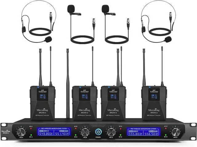 Main image of UHF Wireless Microphone System Cordless Lapel/Headset/Lavalier Mic(4 Bodypacks), Fixed Frequency, Long Range 400ft, Ideal for Party Church Conference Speech
