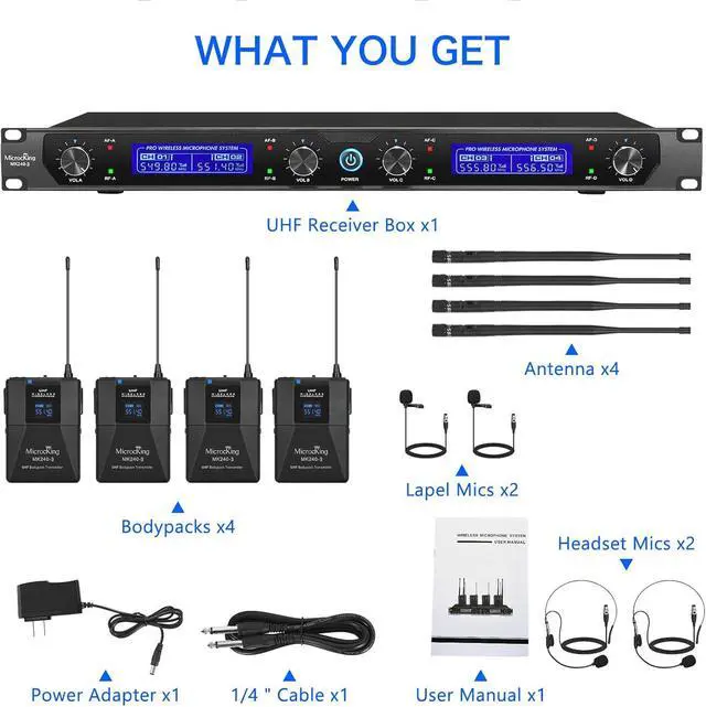 Alt view image 7 of 7 - UHF Wireless Microphone System Cordless Lapel/Headset/Lavalier Mic(4 Bodypacks), Fixed Frequency, Long Range 400ft, Ideal for Party Church Conference Speech