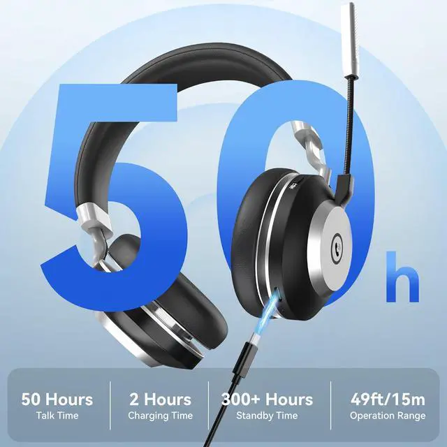 Alt view image 2 of 7 - Wireless Headset with Mic - USB & Bluetooth AI Noise Cancelling Mute Button 50-Hour Battery Life Working Time On-Ear Headset Adjustable Microphone for Home/Office/Car