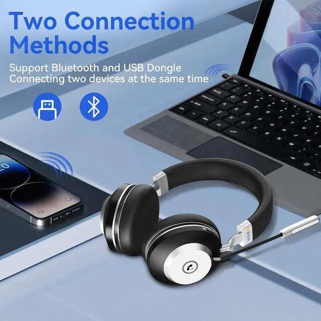 Alt view image 3 of 7 - Wireless Headset with Mic - USB & Bluetooth AI Noise Cancelling Mute Button 50-Hour Battery Life Working Time On-Ear Headset Adjustable Microphone for Home/Office/Car