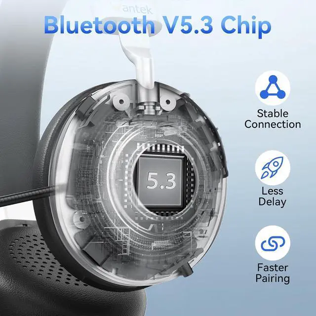 Alt view image 6 of 7 - Wireless Headset with Mic - USB & Bluetooth AI Noise Cancelling Mute Button 50-Hour Battery Life Working Time On-Ear Headset Adjustable Microphone for Home/Office/Car