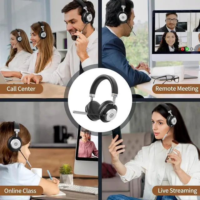 Alt view image 7 of 7 - Wireless Headset with Mic - USB & Bluetooth AI Noise Cancelling Mute Button 50-Hour Battery Life Working Time On-Ear Headset Adjustable Microphone for Home/Office/Car