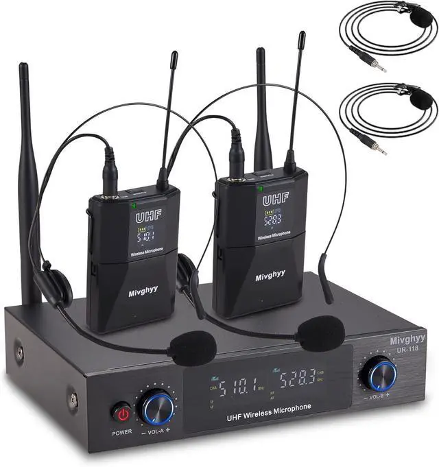 Main image of Wireless Microphones System with UHF Headset/Lavalier Lapel Mics, Bodypack Transmitter, 2 x 50 Channels, 164ft Range for Church Conference Performance Singing Karaoke PA Speaker Mixer