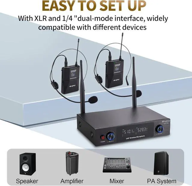 Alt view image 3 of 7 - Wireless Microphones System with UHF Headset/Lavalier Lapel Mics, Bodypack Transmitter, 2 x 50 Channels, 164ft Range for Church Conference Performance Singing Karaoke PA Speaker Mixer