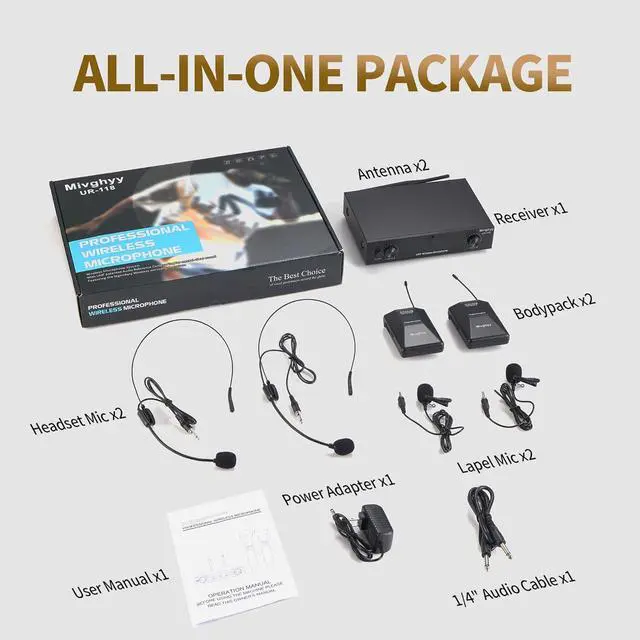 Alt view image 7 of 7 - Wireless Microphones System with UHF Headset/Lavalier Lapel Mics, Bodypack Transmitter, 2 x 50 Channels, 164ft Range for Church Conference Performance Singing Karaoke PA Speaker Mixer