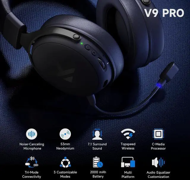 Alt view image 4 of 7 - V9 PRO Wireless Gaming Headset 7.1 Surround Sound for PS5 PS4 PC SWITCH TOPSPEED Gaming Headphones with Noise Canceling Mic, 250Hr Battery, Low 15ms Latency, Lightweight, BT 5.3 FPS Games Black