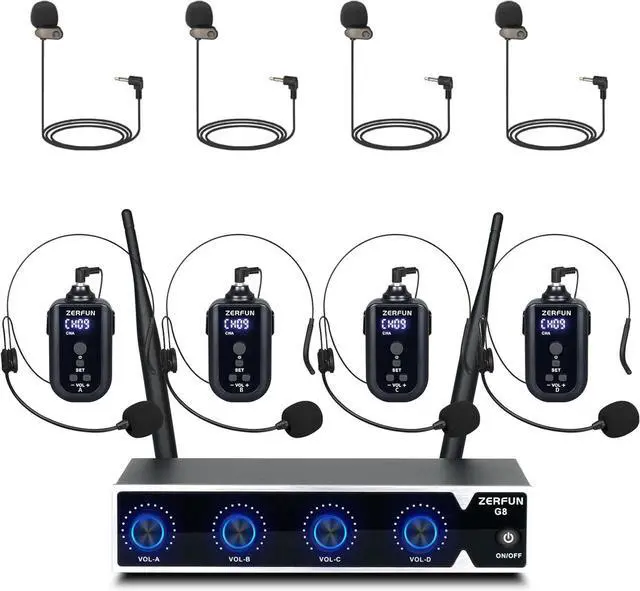 Main image of Rechargeable Wireless Microphone System 4 Channel Pro, UHF Metal Headset Lavalier Lapel Mics Cordless for Church Karaoke Singing with Volume Control, 4x50 Frequency(G8)