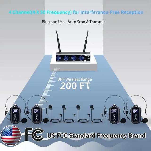 Alt view image 6 of 7 - 4 Channel Rechargeable Wireless Microphone System, Pro UHF Metal Headset Lavalier Lapel Cordless Mics Handheld for Karaoke Singing Church with VOL Control, 4x50 Adjustable Frequency(G8)