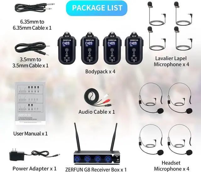Alt view image 7 of 7 - 4 Channel Rechargeable Wireless Microphone System, Pro UHF Metal Headset Lavalier Lapel Cordless Mics Handheld for Karaoke Singing Church with VOL Control, 4x50 Adjustable Frequency(G8)