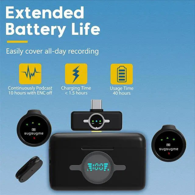 Alt view image 5 of 7 - Wireless Lavalier Microphone for iPhone/Android/Laptop with Lightning/USB-C Plug, 48KHz/24Bit, Noise Cancellation, 100 Meters Transmission Range, 30h Battery for Video Recording, Streaming