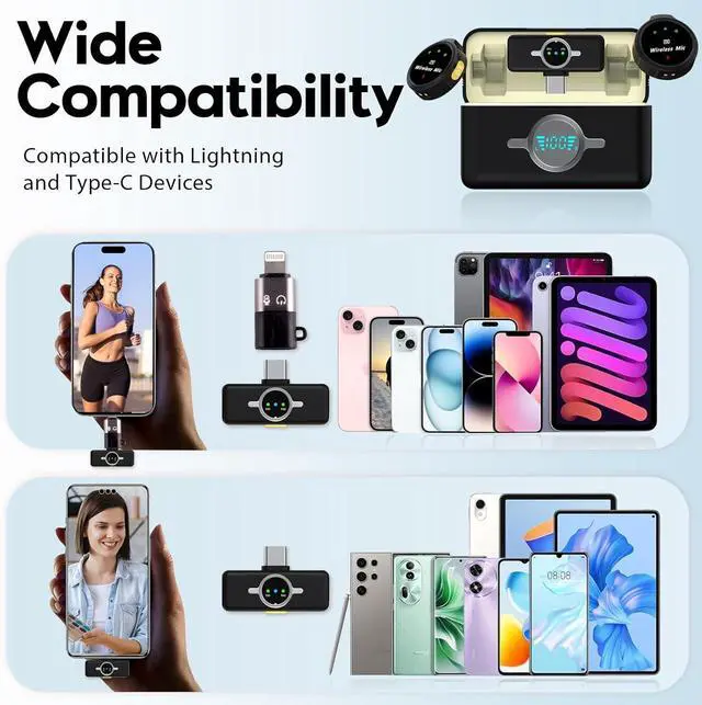 Alt view image 7 of 7 - Wireless Lavalier Microphone for iPhone/Android/Laptop with Lightning/USB-C Plug, 48KHz/24Bit, Noise Cancellation, 100 Meters Transmission Range, 30h Battery for Video Recording, Streaming