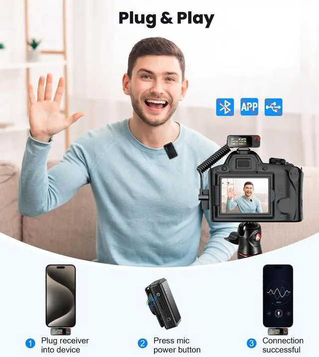 Alt view image 4 of 7 - Wireless Lavalier Microphone for iPhone/Android/Camera/PC,AI Noise Canceling Clip-On Mic with Charging Case- Magnetic Dual Mics for Podcast, Vlog, Interview & Video Recording  492Ft Range