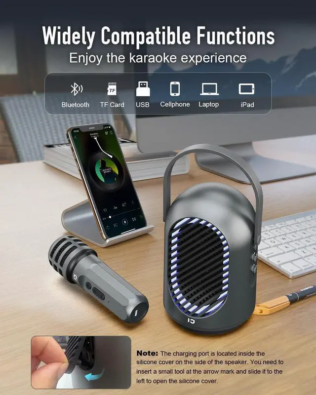 Alt view image 4 of 7 - Voice Amplifier with Wireless Microphones, 35W Portable Microphones with Speaker, Bluetooth Speaker PA System Karaoke Machine for Home Outdoor, Support TF/AUX/USB F10