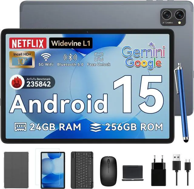 Main image of Tablet 2025 Latest Android 15 Tablets with 10.1 Inch Incell Display, 24GB RAM 256GB ROM /2TB TF, Gemini AI, T606 Octa-Core+8MP Camera, 5000mAh, Widevine L1, 2 in 1 Tablets with Keyboard Mouse Stylus