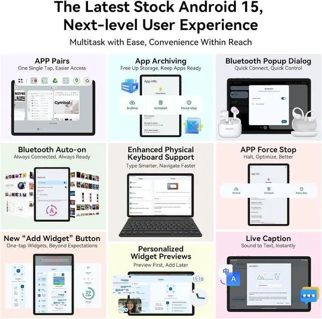 Alt view image 2 of 7 - Tablet 2025 Latest Android 15 Tablets with 10.1 Inch Incell Display, 24GB RAM 256GB ROM /2TB TF, Gemini AI, T606 Octa-Core+8MP Camera, 5000mAh, Widevine L1, 2 in 1 Tablets with Keyboard Mouse Stylus