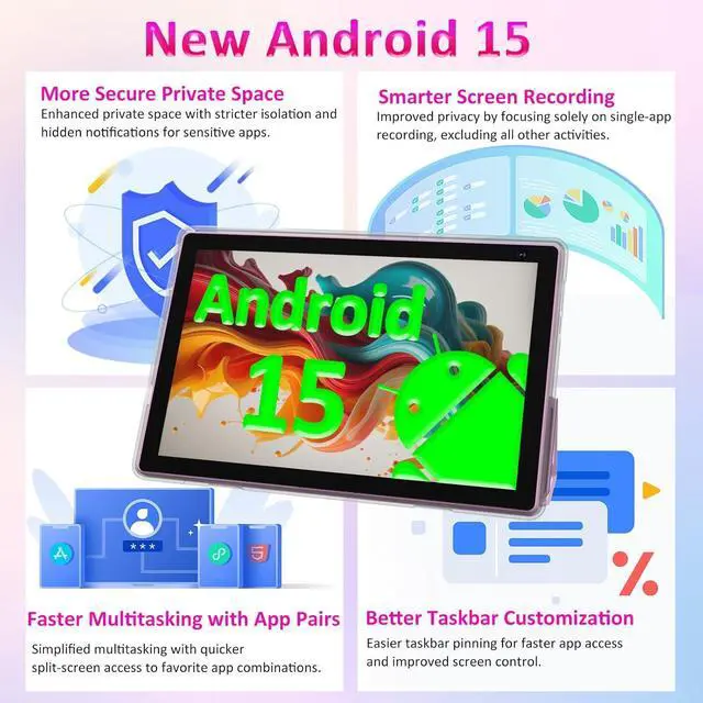 Alt view image 2 of 7 - 10 inch Android 15 Tablet, 8GB RAM 32GB ROM Powerful Quad-core CPU, 1280*800 Resolution Screen Tablet PC, 8MP Camera, 6000mAh Battery Computer, 2 in 1 Tablets with Keyboard, Case, Mouse, Stylus Laptop