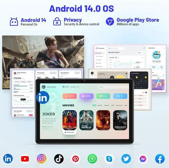 Alt view image 2 of 7 - 10.1 inch Android Tablet Computer, Android 14 Tablet, 6800mAh Battery, 1280 * 800 IPS, 8(4+4GB) RAM+128GB ROM+512GB Expand,WiFi, Bluetooth 5.0, GPS, Dual Camera, Split Screen Support, Light Blue