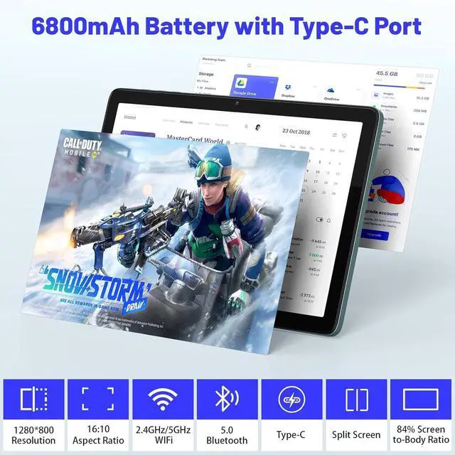 Alt view image 3 of 7 - 10.1 inch Android Tablet Computer, Android 14 Tablet, 6800mAh Battery, 1280 * 800 IPS, 8(4+4GB) RAM+128GB ROM+512GB Expand,WiFi, Bluetooth 5.0, GPS, Dual Camera, Split Screen Support, Light Blue