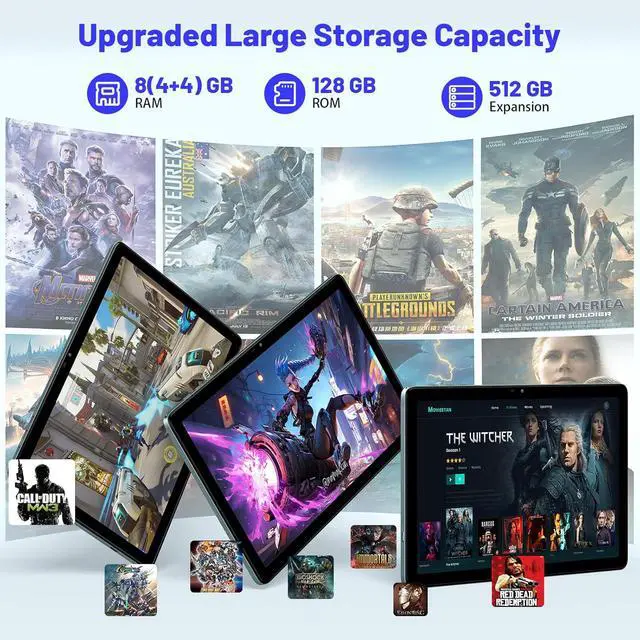 Alt view image 4 of 7 - 10.1 inch Android Tablet Computer, Android 14 Tablet, 6800mAh Battery, 1280 * 800 IPS, 8(4+4GB) RAM+128GB ROM+512GB Expand,WiFi, Bluetooth 5.0, GPS, Dual Camera, Split Screen Support, Light Blue