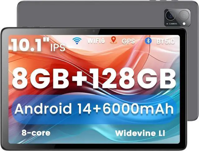 Main image of Tablet 10.1 inch, Android 14 Tablet, 8GB 128G Computer Tablets, Octa Core Processor 6000mAh Battery, 1280x800 IPS Touch Screen, 5+8MP Dual Camera, Bluetooth,GMS, WiFi (Gray)