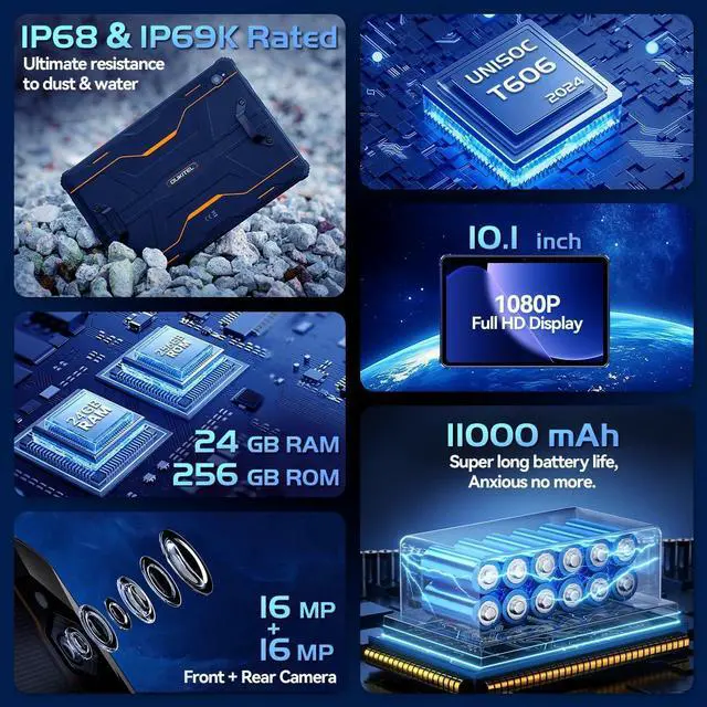 Alt view image 3 of 7 - RT9 Rugged Tablet 10 inch Tablet Android - 24GB RAM 256GB ROM 1TB Expandable Storage, 11000mAh,16MP+16MP Camera, 4G Dual SIM Phablet Compatible with T-Mobile Tablet Computer Waterproof