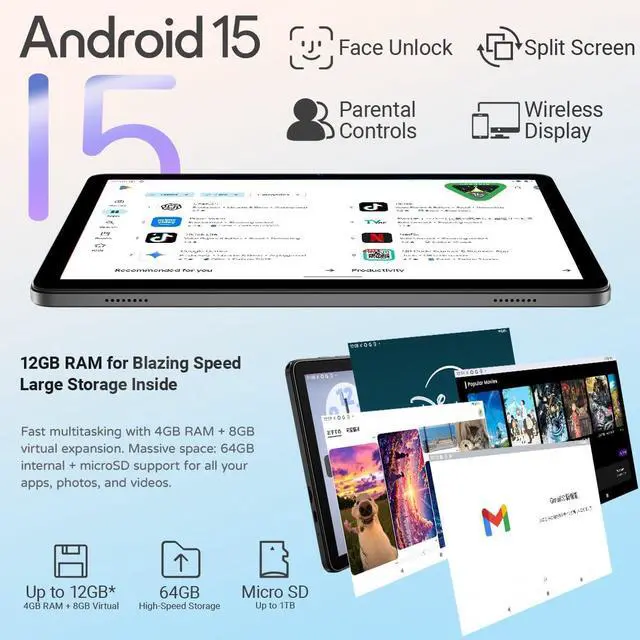 Alt view image 6 of 7 - Android 15 Tablet 10 inch, 12GB RAM, 64GB ROM, 1TB Expandable, 10.1" HD IPS 1280x800 Computer, 5MP+5MP Camera, 5G WiFi+BT5.0+GPS+GMS, Parental Control, with Headphone Jack, Leather Case Included