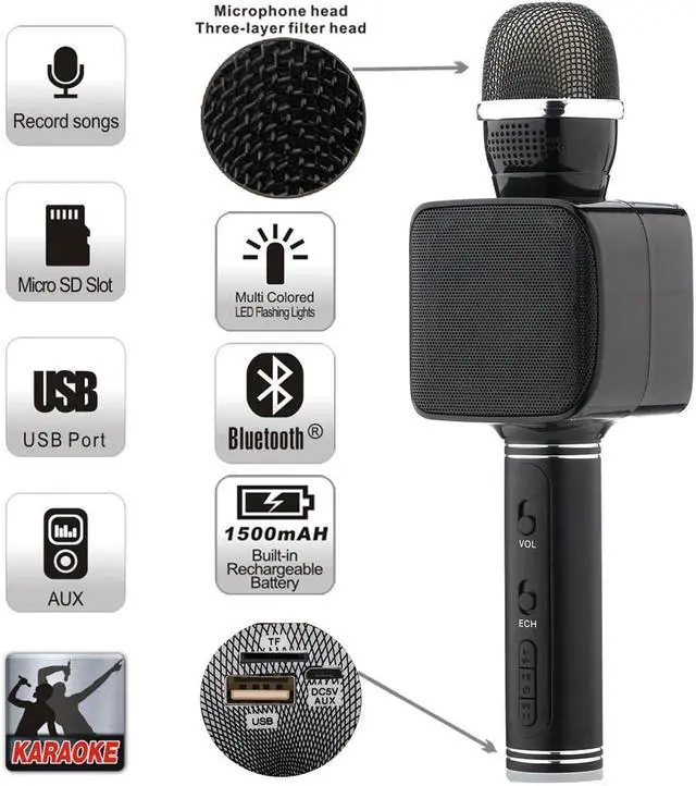 Alt view image 2 of 7 - Lightweight Microphone Karaoke Bluetooth Microphone Flashing Lights Aluminum Alloy USB/TF Kids Microphone Karaoke Machine for iPhone/Android/iPad/Sony PC and All Smartphone (Black)