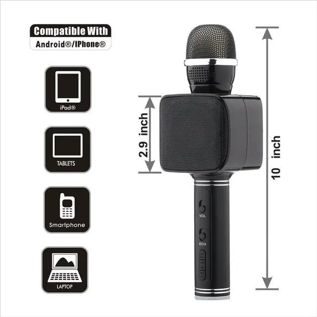 Alt view image 4 of 7 - Lightweight Microphone Karaoke Bluetooth Microphone Flashing Lights Aluminum Alloy USB/TF Kids Microphone Karaoke Machine for iPhone/Android/iPad/Sony PC and All Smartphone (Black)