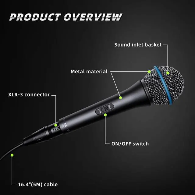 Alt view image 4 of 7 - Vocal Dynamic Microphone, Metal Handheld Wired Microphone for Singing, Mic Suitable for Karaoke and Recording, with On/Off Switch and 16.4ft XLR Cable