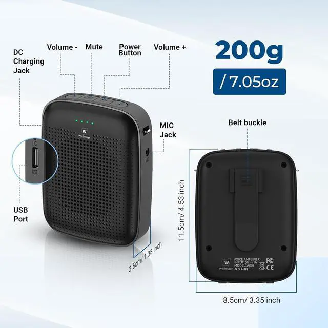 Alt view image 5 of 7 - Wireless Bluetooth Voice Amplifier for Teachers  15W Portable Mini Amplifier Speaker with Wireless Microphone Headset, Personal Mic for Classroom, Teaching, Training & Public Speaking  A002