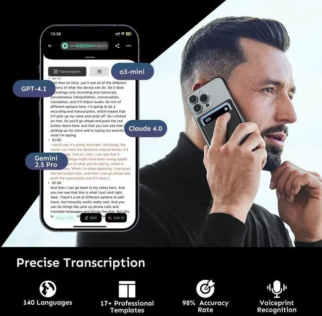 Alt view image 3 of 7 - AI Voice Recorder, Transcribe & Summarize with AI Technology, Note Voice Recorder with App Control, Support 140 Languages, 64GB Memory, Audio Recorder for Lectures, Meetings, Calls(Blue)
