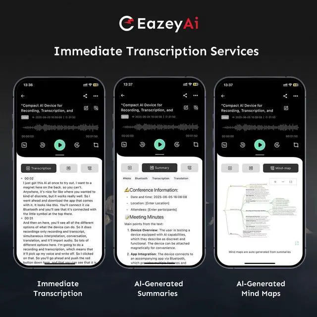 Alt view image 5 of 7 - AI Voice Recorder, Transcribe & Summarize with AI Technology, Note Voice Recorder with App Control, Support 140 Languages, 64GB Memory, Audio Recorder for Lectures, Meetings, Calls(Blue)