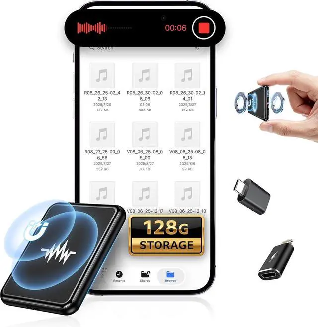 Main image of 128G (9800 Hour) Voice Activated Recorder, Dual-Sided Magnetic Voice Recorder with Playback, Audio Recorder with AI-Intelligent Noise Reduction, 70H Continuous for Lectures, Meetings