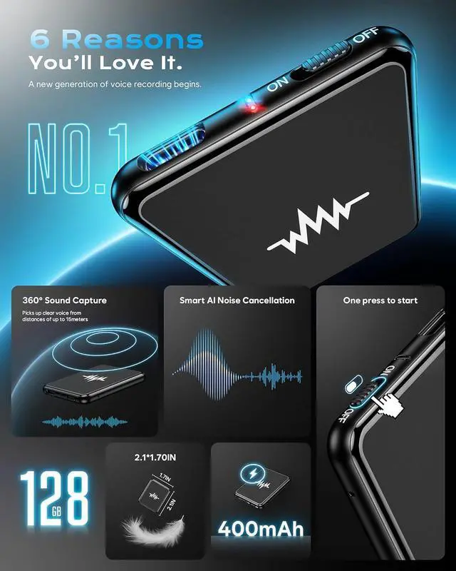 Alt view image 2 of 7 - 128G (9800 Hour) Voice Activated Recorder, Dual-Sided Magnetic Voice Recorder with Playback, Audio Recorder with AI-Intelligent Noise Reduction, 70H Continuous for Lectures, Meetings