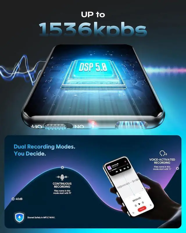 Alt view image 4 of 7 - 128G (9800 Hour) Voice Activated Recorder, Dual-Sided Magnetic Voice Recorder with Playback, Audio Recorder with AI-Intelligent Noise Reduction, 70H Continuous for Lectures, Meetings