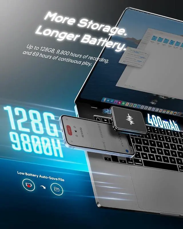 Alt view image 5 of 7 - 128G (9800 Hour) Voice Activated Recorder, Dual-Sided Magnetic Voice Recorder with Playback, Audio Recorder with AI-Intelligent Noise Reduction, 70H Continuous for Lectures, Meetings