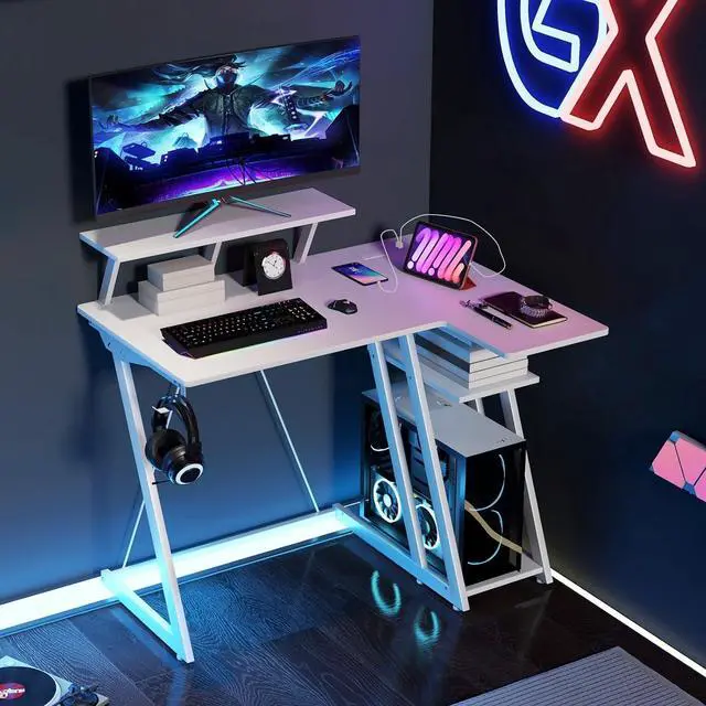Alt view image 2 of 7 - L Shaped Gaming Desk with Outlets & USB Ports, Small Computer Desk with Monitor Shelf, Headphone Hook, Storage Shelf & Host Stand, Corner Gamer Workstation for Home Office (White)