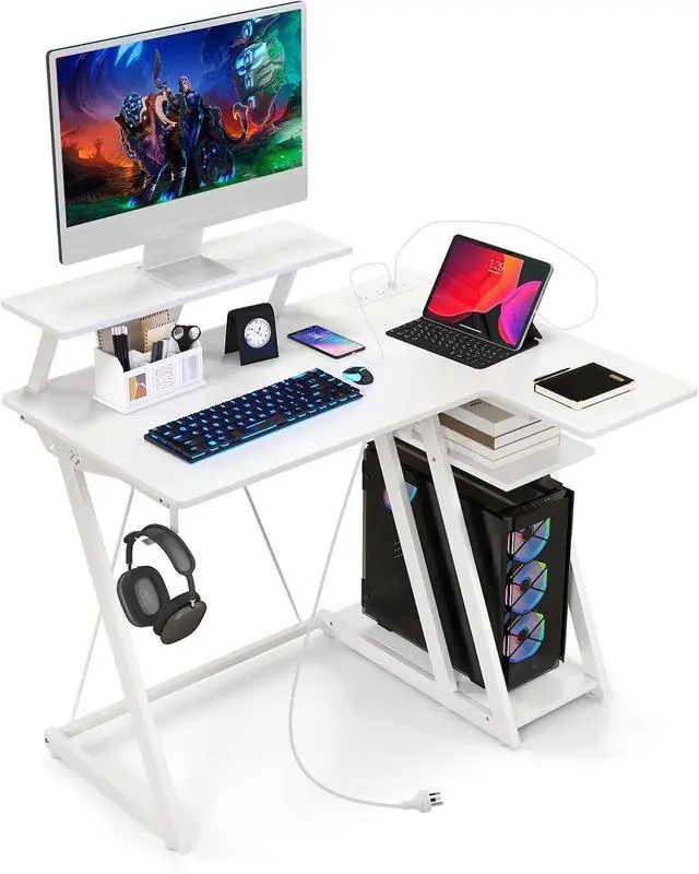 Main image of L Shaped Gaming Desk with Outlets & USB Ports, Small Computer Desk with Monitor Shelf, Headphone Hook, Storage Shelf & Host Stand, Corner Gamer Workstation for Home Office (White)