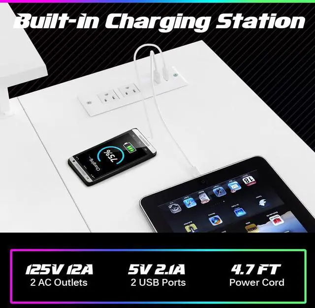 Alt view image 6 of 7 - L Shaped Gaming Desk with Outlets & USB Ports, Small Computer Desk with Monitor Shelf, Headphone Hook, Storage Shelf & Host Stand, Corner Gamer Workstation for Home Office (White)