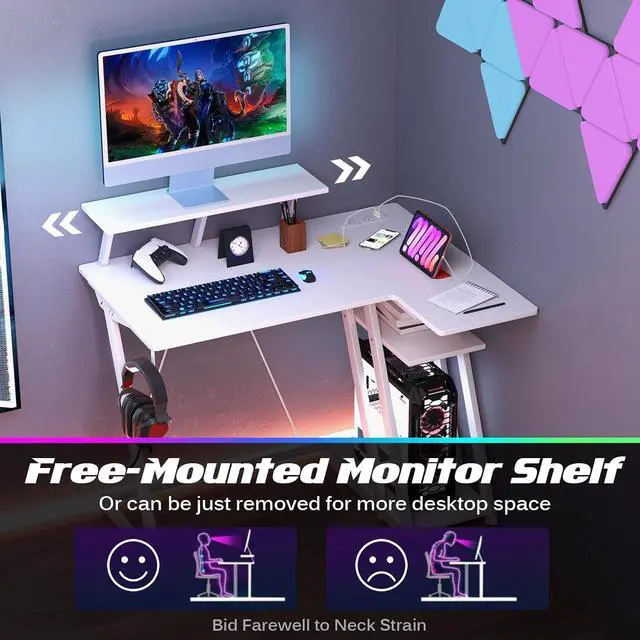 Alt view image 5 of 7 - L Shaped Gaming Desk with Outlets & USB Ports, Small Computer Desk with Monitor Shelf, Headphone Hook, Storage Shelf & Host Stand, Corner Gamer Workstation for Home Office (White)