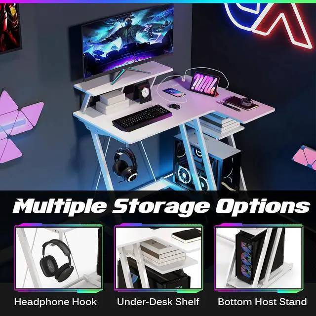 Alt view image 7 of 7 - L Shaped Gaming Desk with Outlets & USB Ports, Small Computer Desk with Monitor Shelf, Headphone Hook, Storage Shelf & Host Stand, Corner Gamer Workstation for Home Office (White)