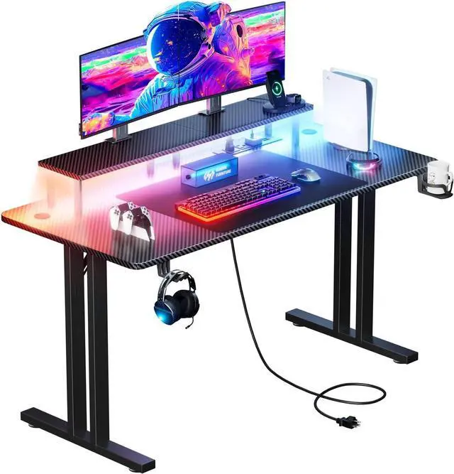 Main image of 47 Inch Gaming Desk with 5 Sockets & LED Lights, Computer Gamer Desk with Monitor Stand, Ergonomic Carbon Fiber Gaming Table Home Office Desk with Cup Holder, Headphone Hook & Mouse Pad