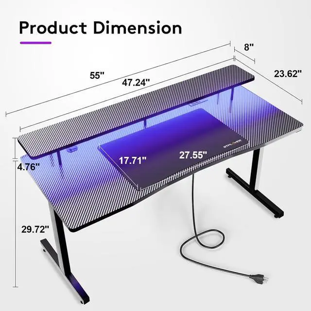 Alt view image 2 of 7 - 55 Inch Gaming Desk, Computer Gamer Desk with Monitor Stand, Ergonomic Carbon Fiber Surface Gaming Table with Power Outlet and Mouse Pad for Home Office, Colorful