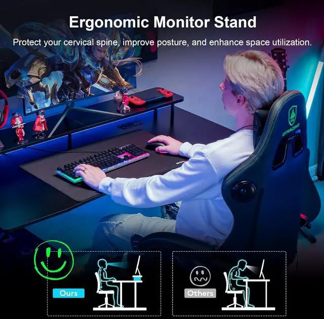 Alt view image 5 of 7 - 55 Inch Gaming Desk, Computer Gamer Desk with Monitor Stand, Ergonomic Carbon Fiber Surface Gaming Table with Power Outlet and Mouse Pad for Home Office, Colorful