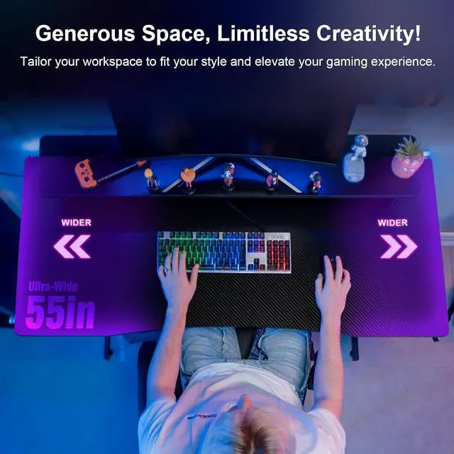 Alt view image 6 of 7 - 55 Inch Gaming Desk, Computer Gamer Desk with Monitor Stand, Ergonomic Carbon Fiber Surface Gaming Table with Power Outlet and Mouse Pad for Home Office, Colorful