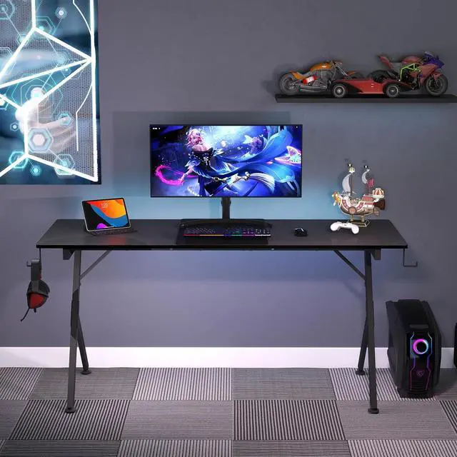 Alt view image 4 of 7 - Game Table 63",Carbon Fiber Surface Computer Desk, Mouse Pad, USB, Ergonomic E-Sports Style Gaming Table, Headphone Hooks, Black
