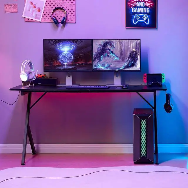 Alt view image 5 of 7 - Game Table 63",Carbon Fiber Surface Computer Desk, Mouse Pad, USB, Ergonomic E-Sports Style Gaming Table, Headphone Hooks, Black