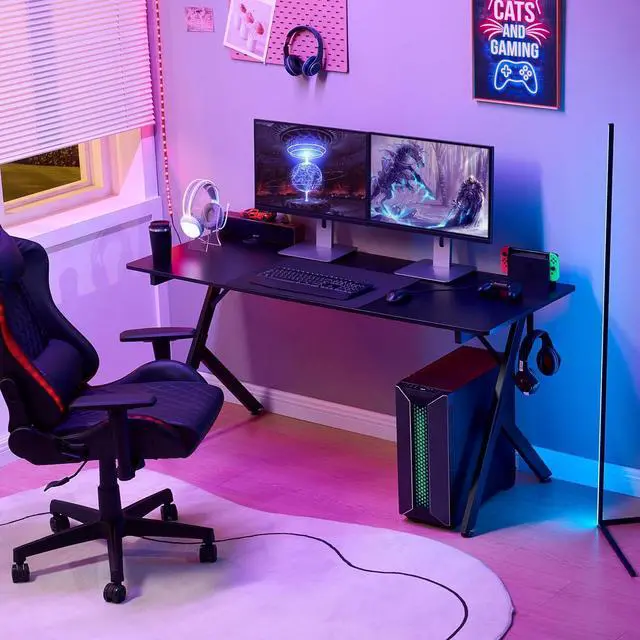 Alt view image 6 of 7 - Game Table 63",Carbon Fiber Surface Computer Desk, Mouse Pad, USB, Ergonomic E-Sports Style Gaming Table, Headphone Hooks, Black