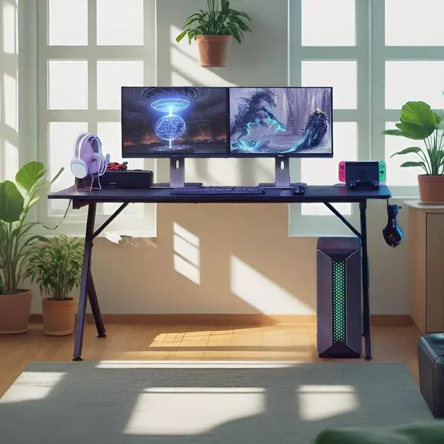 Alt view image 2 of 7 - Game Table 63",Carbon Fiber Surface Computer Desk, Mouse Pad, USB, Ergonomic E-Sports Style Gaming Table, Headphone Hooks, Black